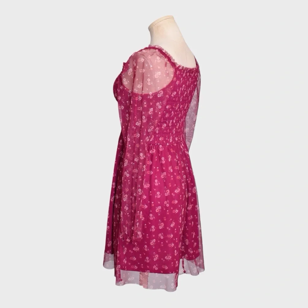 Art Class Smocked Floral Mesh‎ Dress Sheer Long Sleeve Square Neck